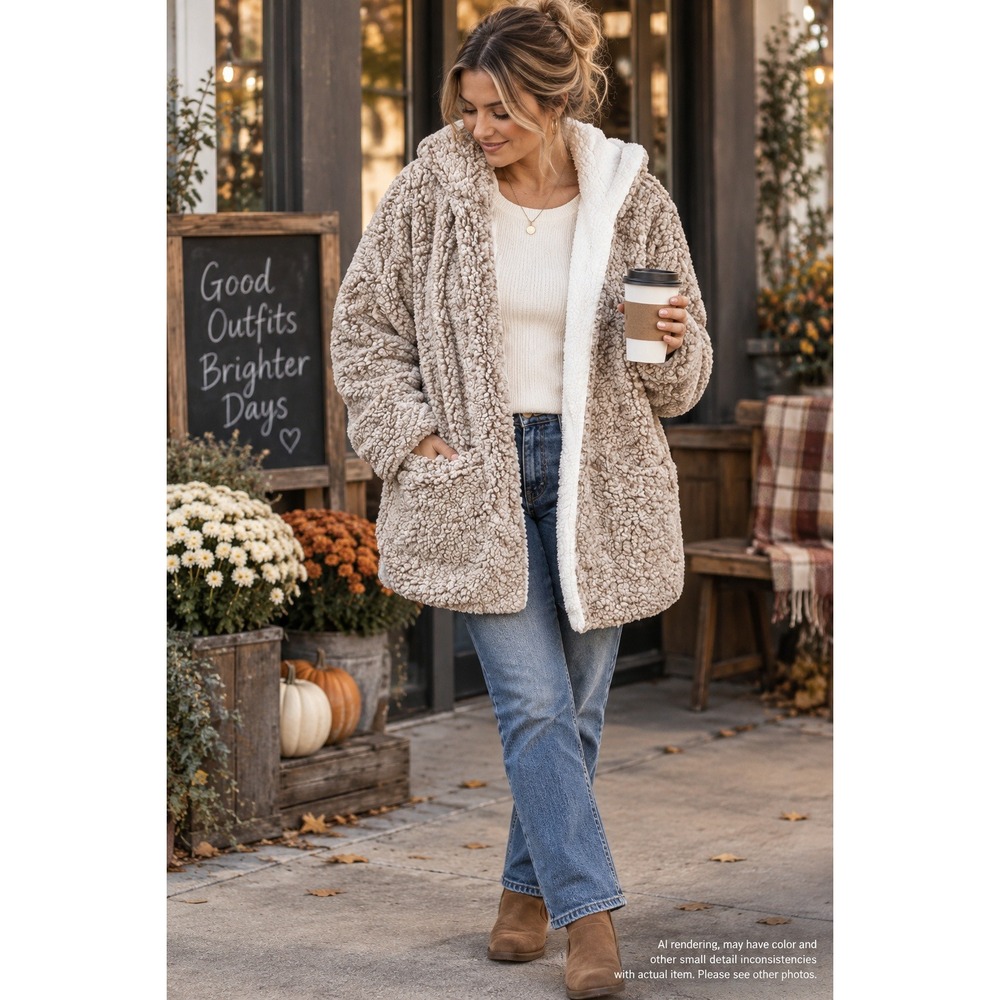 Me Jane Medium Sherpa Teddy Coat Tan Hooded Fleece Jacket Cabincore